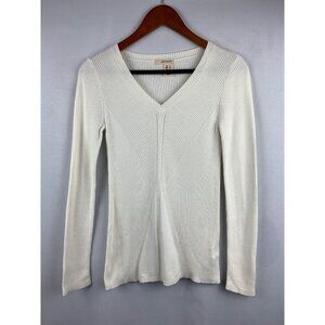 DKNY Jeans Womens White Ribbed V-Neck Long Sleeve Sweater Size S